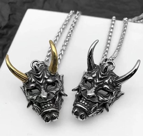 pendant necklaces stainless steel prajna demon mask necklace for men's retro punk yaksha skull jewelry gift, Silver